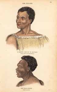 Portret Te Kewiti, syna Te Kauwaina, młodego wodza Maorysów Ngate Watnas, Nowa Zelandia, oraz portret wytatuowanego Maorysa, Nowa Zelandia, narysowany w Londynie przez Agasse. Ręcznie kolorowany staloryt Lizarsa na podstawie ilustracji Charlesa Hamiltona S autorstwa Unbekannter Künstler