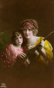 Pocztówka przedstawiająca dwie kobiety z gitarą, "Album para Tarjetas postales" autorstwa Unbekannter Künstler