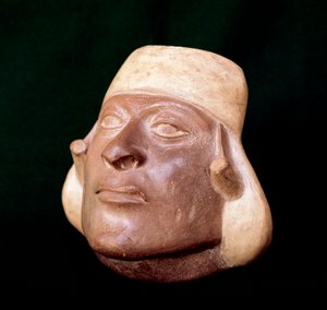 Sztuka prekolumbijska, cywilizacja mocchica: waza z terakoty przedstawiająca głowę mężczyzny - 200 pne-700 ne - Lima, Narodowe Muzeum Antropologii i Archeologii, Peru - Sztuka prekolumbijska, cywilizacja Moche autorstwa Unbekannt