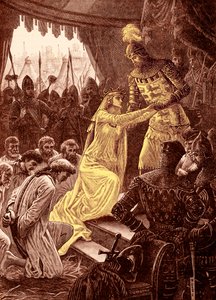 „Królowa Filipa wstawiająca się za mieszczanami Calais” w 1347 r. (rycina) autorstwa Unbekannter Künstler
