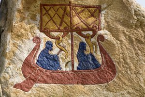 Registro e representação de um drakkar (navio viking) Viking Rune. Museu Viking, Bork em Ringkoebing Fjord, Dinamarca autorstwa Unbekannter Künstler