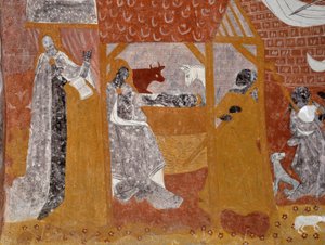 Sztuka romańska: Freski z kaplicy pogrzebowej Sainte Catherine de Jouhet, Vienne, Poitou-Charentes (Poitou Charentes), Francja. Nativite. Fotografia autorstwa Unbekannter Künstler