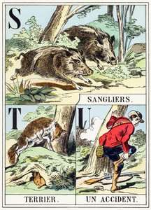 S T U : Sanglier, Terrier, Un wypadek - Alfabet myśliwski, ok. 1890 (rycina) autorstwa Unbekannt