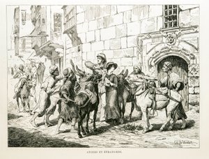 Rysunek satyryczny przedstawiający zachodnich turystów w otoczeniu osłów i ich kierowców - ilustracja z atlasu Egiptu autorstwa Unbekannt
