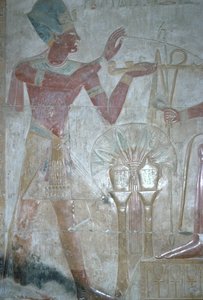 Seti I ofiarowujący kadzidło Horusowi, Świątynia Setiego I, Egipskie Nowe Państwo, XIX dynastia, ok. 1318 pne (relief polichromowany) autorstwa Unbekannt