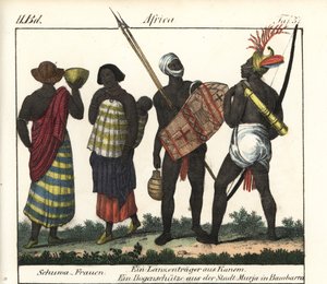 Kobiety Shoua z dzieckiem, włócznią i łucznikiem z Imperium Kanem (Czad i Libia). Litografia do książki: "Galerie complete en tableaux fideles des peuples d