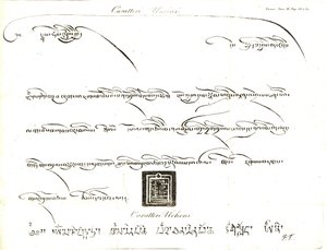 Przykłady znaków Uminn i Uchen w języku Tybetu. Ilustracja porucznika Samuela Davisa z relacji kapitana Samuela Turnera (1759-1802) z ambasady na dworze lamy Teshoo w Tybecie w 1800 roku. Miedzioryt wykonany przez dell