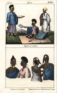 Sudańskie kobiety w pasiastych strojach. Poniżej, demmes z Timbuktu (Mali) i kobiety Tibbo z Sahary. Litografia do książki: "Galerie complete en tableaux fideles des peuples d