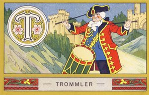 T: Perkusista - Alfabet Palmin. Seria chromolitografii pod redakcją H. Schlincka i Cie, Hamburg, s. d. . Reklama najlepszego oleju kokosowego Palmin. Wymiary: 7 x 11 cm autorstwa William M. Timlin