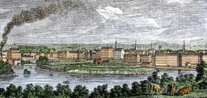 Młyny włókiennicze wzdłuż rzek Merrimack (Merrimac) i Concord, Lowell, Massachusetts, USA w latach trzydziestych XIX wieku. Kolorowa rycina z XIX wieku. autorstwa Unbekannter Künstler