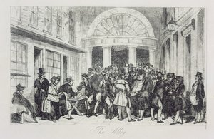„The Alley”, sprzedawca bułek przy wejściu do Londyńskiej Giełdy Papierów Wartościowych, Capel Court, ok. 1850 (akwaforta) autorstwa Unbekannt