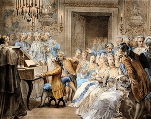 Austriacki kompozytor Wolfgang Amadeusz Mozart (1756-1791) w wieku 14 lat odtwarza z pamięci "Miserere" Gregorio Allegriego. autorstwa Unbekannter Künstler