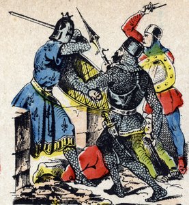Bitwa pod Taillebourg między królem Francji Ludwikiem IX i jego bratem, hrabią Poitiers Alfonsem, a bronią ich wasalnych buntów, Henryka III z Anglii i Huguesa X z Lusignan. Obraz Epinal z XIX wieku (rycina) autorstwa Unbekannter Künstler