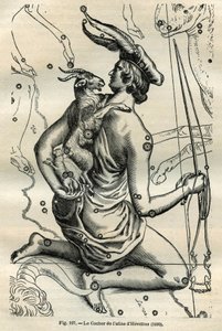 Kareta Atlasu Heweliusza (1690): Konstelacja Karety, która trzyma w prawej ręce bicz i renes, a na lewym ramieniu Chevre i dwa chevrale, jest jedną z najstarszych w sferze greckiej. Grawer z „Les ét .” Camille Flammarion autorstwa Unbekannt