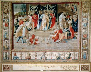 Śmierć Anianusa z Brukselskich Gobelinów, repliki watykańskiej serii Dziejów Apostolskich Rafaela (gobelin) autorstwa Unbekannt