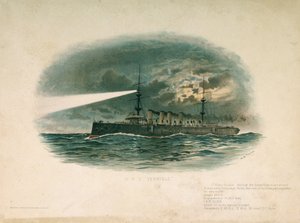 HMS "Terrible", krążownik pierwszej klasy, zbudowany przez Barrow in Furness Shipbuilding and Arms Company w 1897 roku. Chromolitografia z końca XIX wieku, autorstwa W.S. Tomkina (). autorstwa Unbekannter Künstler