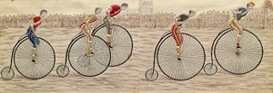 The Last Lap, Penny Farthing Race tkany jedwab Stevengraph, autorstwa Thomasa Stevensa z Coventry autorstwa Unbekannter Künstler