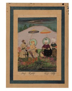 Cesarz Mogołów Shah Jahan ze swoim przodkiem Timurem (gwasz ze złotem na papierze) autorstwa Unbekannter Künstler