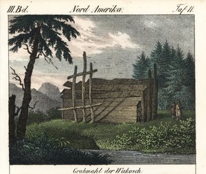 Drewniany grobowiec Indian Wakashan (Kanada). Litografia do książki: "Galerie complete en tableaux fideles des peuples d
