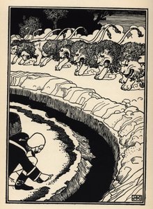Baron broni się przed atakiem lwów podpalając proch strzelniczy. Ilustracja Williama Stranga (1859-1921) i JB Clarka z „Przygód barona z Munchausen (Munchhausen)” Rudolfa Ericha Raspe (1736-1794) (1789) autorstwa Unbekannt