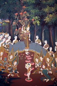 Narodziny niemowlęcia Siddharthy, fresk ścienny, świątynia Wat Botum, Phnom Penh, 2022 (zdjęcie) autorstwa Unbekannter Künstler