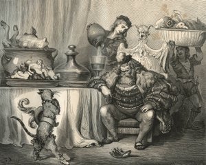 Kot buta spotyka Ogra. Grawer Gustave Dore (1832-1883) z „”Les contes”” Charlesa Perraulta (1628-1703) autorstwa Unbekannt