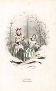 Opłaty przebijające śnieg i primevere w zaśnieżonym krajobrazie - Eau forte autorstwa Charlesa Geoffroya (1819-1882), na podstawie ilustracji Jeana Ignace