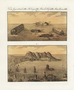 Pływające baterie armii brytyjskiej w Gibraltarze w 1782 roku. Barka z 210 działami na dwóch poziomach i inna jednopoziomowa barka zaprojektowana przez francuskiego inżyniera Arcona do bombardowania miasta. Pływające baterie brytyjskiej marynarki wojennej  autorstwa Unbekannter Künstler