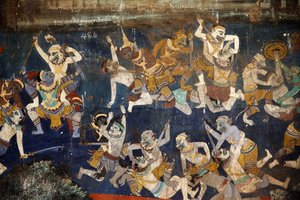 Wnętrze ścian złożonych ze Srebrnej Pagody pokryte jest malowidłami przedstawiającymi historie z Reamkera, czyli khmerskiej wersji klasycznego indyjskiego eposu Ramajana. Niektóre fragmenty malowideł są zniszczone i uszkodzone przez wpływy atmosferyczne. M autorstwa Unbekannt