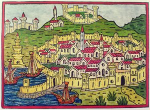 Port i miasto Neapol w 1482 r., z „Cosmographia Universalis” (drzewodruk) autorstwa Unbekannter Künstler