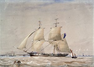 Żaglówka HMS "Rolla", widziana początkowo na morzu. Akwarela wzbogacona bielą autorstwa Unbekannter Künstler
