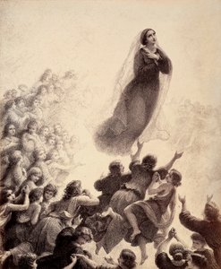 Duchy błogosławionych, z wyciągniętymi ramionami, śpiewem towarzyszą Maryi w drodze do Empyrean. Ilustracja do Canto XXIII w Paradiso z Boskiej komedii Dantego Alighieri. Dzieło Francesco Scaramuzzy dedykowane władzom miejskim Florencji autorstwa Unbekannter Künstler