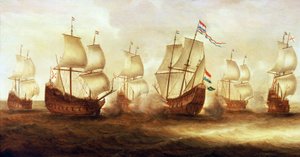 Wojna trzydziestoletnia (1618-1648): Akcja admirała Witte de Witha (1599-1658) z łodziami Dunkierki u wybrzeży Nieuwpoort (Holandia) w 1641 r. autorstwa Unbekannter Künstler