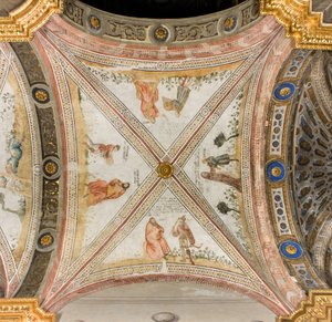 Transept południowo-trzecie zachodnie przęsło, Izaak prosi Exhaù o przyniesienie mu zwierzyny, Rebecca ubiera Jakuba w ubrania z Exhaù, Jacob mylony z Exhaù daje jedzenie Izaakowi, Esaac wraca z dziczyzną, Katedra Santa Maria Assunta, Duomo, Cremona, Lomba autorstwa Unbekannt