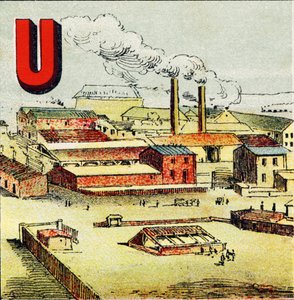 U: Fabryka. Fabryka to ogromna fabryka, w której znajduje się duża liczba maszyn; jak w gigantycznej fabryce Le Creusot - Grawerunek wydobyty z alfabetu geograficznego. Guerin-Muller et Cie, wydawnictwa, Paryż autorstwa Unbekannt