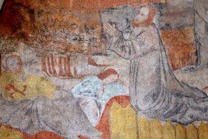 Krypta de Lugny. Malowidło ścienne z XVI wieku. Chrystus w swojej męce. Getsemane, Jezus modli się, tymczasem uczniowie odpoczywają. Francja autorstwa Unbekannt