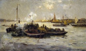 Widok na Limehouse w Anglii z opisem industrializacji Tamizy pod koniec epoki wiktoriańskiej (koniec XIX wieku) oraz holowników, kutrów i barek, w tle Biała Wieża św. Jerzego autorstwa Unbekannter Künstler