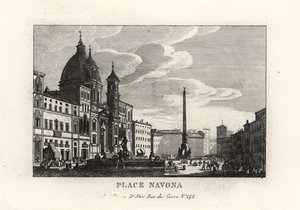 Widok na Piazza Navona, z fontanną, egipskim obeliskiem i kościołem Sant