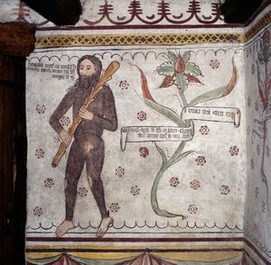 Dziki człowiek z Sacco (Homo Selvadego), fresk (XV wiek), dom Dzikiego człowieka (Uomo Selvatico), Sacco, Cosio Valtellina, Lombardia, Włochy autorstwa Benjamin Baud
