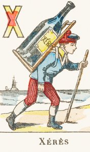 X : Xeres, chłopiec trzyma na plecach dużą butelkę wina - alfabet gier, ok. 1890 (rycina) autorstwa Unbekannt