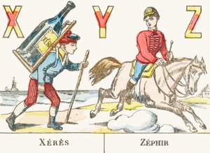 X Y Z : Xeres, Zephir - chłopiec trzyma na plecach dużą butelkę wina, a jeździec galopuje na koniu o imieniu Zephyr - Games Alphabet, c.1890 (rycina) autorstwa Unbekannt