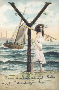 Y: Bosa kobieta w krótkiej sukience bez rękawów trzyma wiosło na lewym ramieniu. Dekor morski - Znaki alfabetu Ref. Th. E., L. Theochrom - Seria 994. Theodor Eisman, wydawca, Lipsk autorstwa Unbekannt
