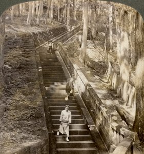 Starożytne kamienne schody prowadzące na wzgórze do grobowca szoguna Ieyasu, Nikko, Japonia, 1904. autorstwa Underwood and Underwood
