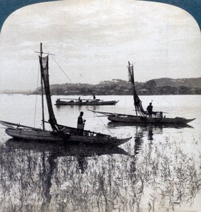 Kutry rybackie wracają do domu o zachodzie słońca, niedaleko Jokohamy, Japonia, 1904. autorstwa Underwood and Underwood