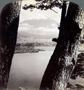 Góra Fuji, widziana z północnego zachodu, przez sosny nad jeziorem Motosu, Japonia, 1904 autorstwa Underwood and Underwood