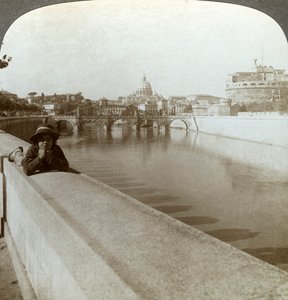 Tyber, Castel Sant Angelo i Bazylika Świętego Piotra, Rzym, Włochy. autorstwa Underwood and Underwood