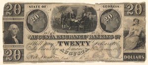 20-dolarowy banknot wystawiony przez Augusta Insurance & Banking Co., Augusta, Georgia w 1858 r. z rycinami Deklaracji Niepodległości według Trumbulla, Waszyngton według Stuarta (?) autorstwa Unknown
