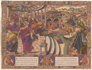 Fałszywy prorok Ananiasz, uwodzi lud i zrywa łańcuch Jeremiasza, lud Judy jest w niewoli babilońskiej. (Ananiasz fałszywy prorok uwodzi lud i łamie Jeremiasza). autorstwa Unknown