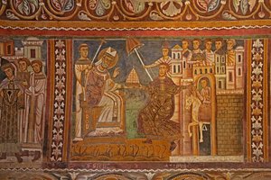Cesarz Konstantyn przedstawiający swoją cesarską tiarę papieżowi Sylwestrowi, dający mu władzę nad Rzymem, zachodnia ściana kaplicy San Silvestro, 1246 autorstwa Unknown