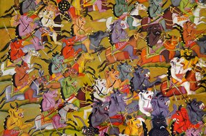 Obraz Marwar: Detal z demonów przygotowujących się do bitwy z boginią Durga, muzeum pałacu Mehrangarh Fort, Jodhpur, Radżastan, Indie autorstwa Unknown